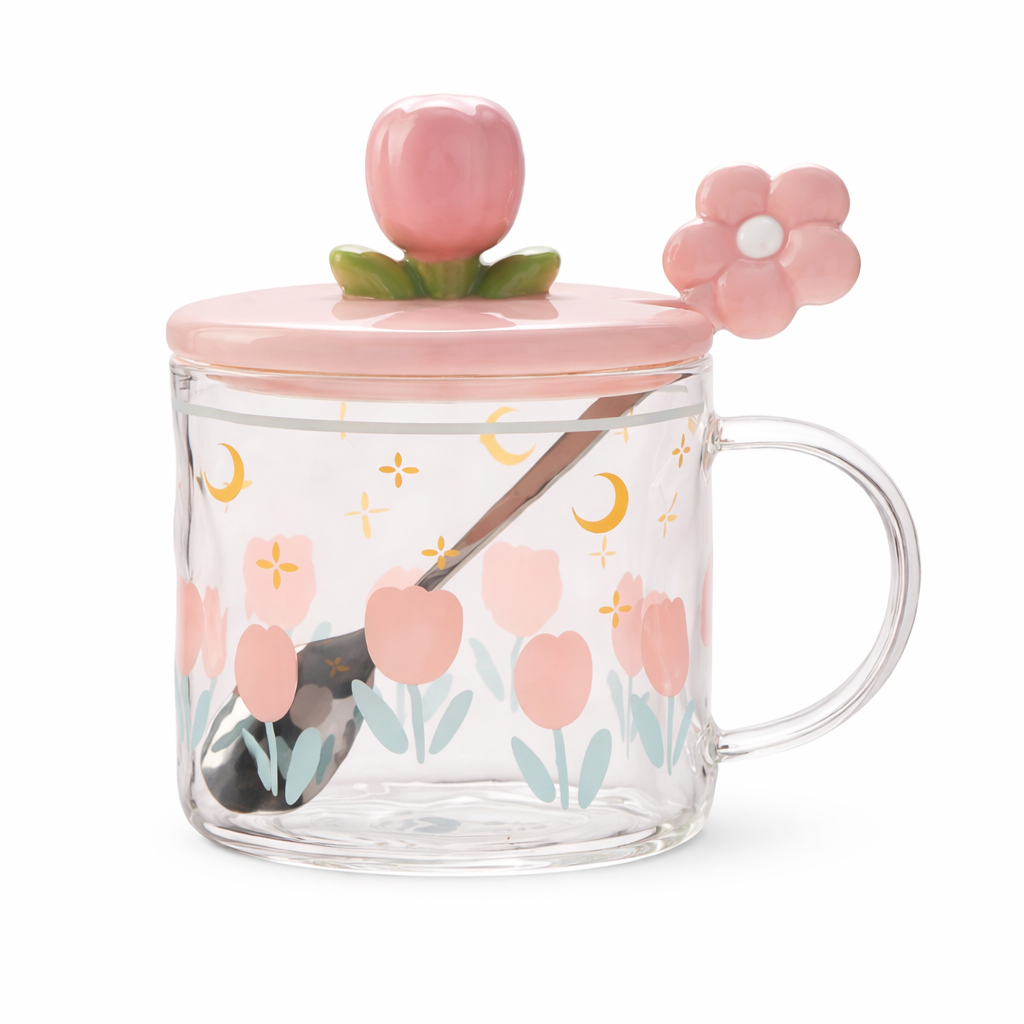 Tulip Glass Mug with Lid & Spoon