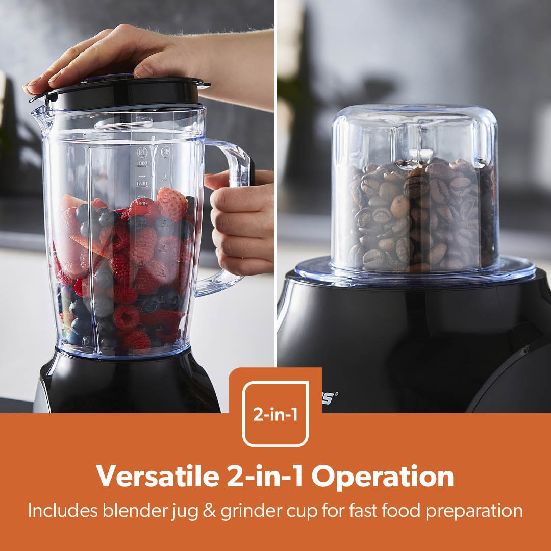 Geepas 2-In-1 Black Food Jug Blender and Grinder 1.8L